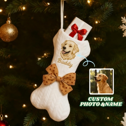 Personalised Pet Portrait Christmas Stocking Custom Dog Bone Knit Stocking with Embroidered Pet Face & Name Holiday Gift for Dogs Cats