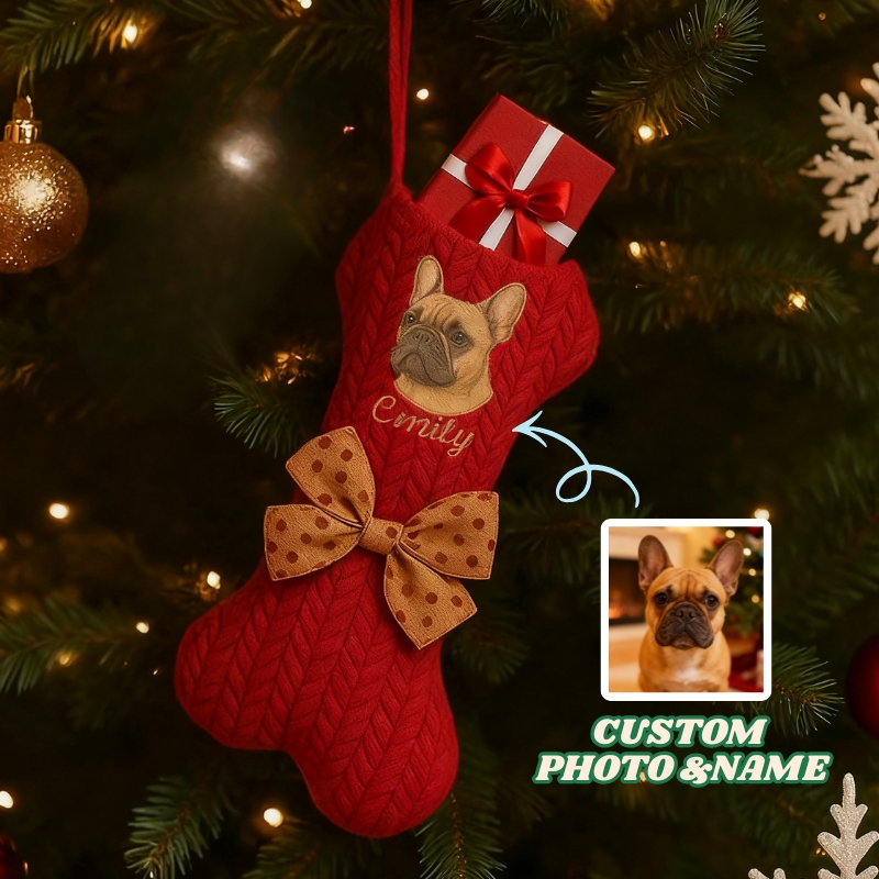Personalised Pet Portrait Christmas Stocking Custom Dog Bone Knit Stocking with Embroidered Pet Face & Name Holiday Gift for Dogs Cats