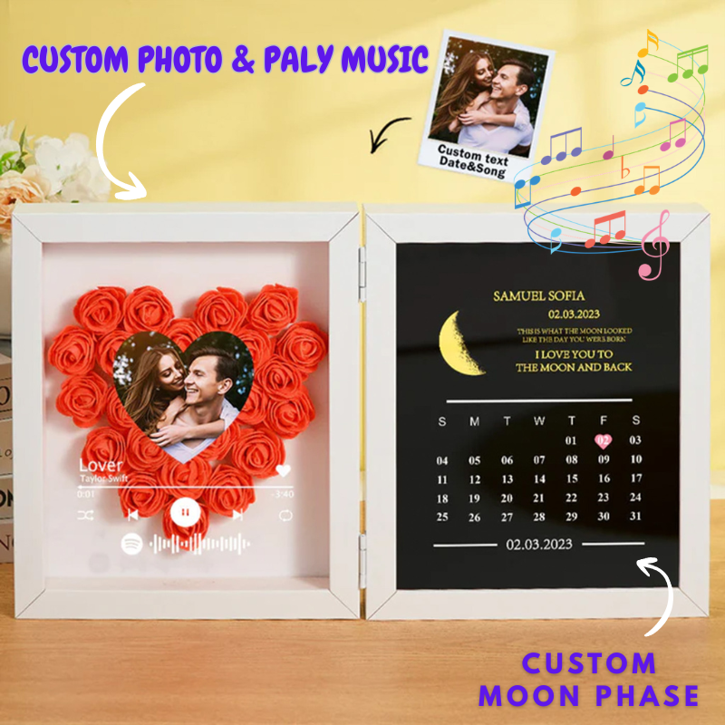 Personalised Photo Flower Shadow Box with Real Moon Phase Music Box Plays Music Anniversary Gift for Her