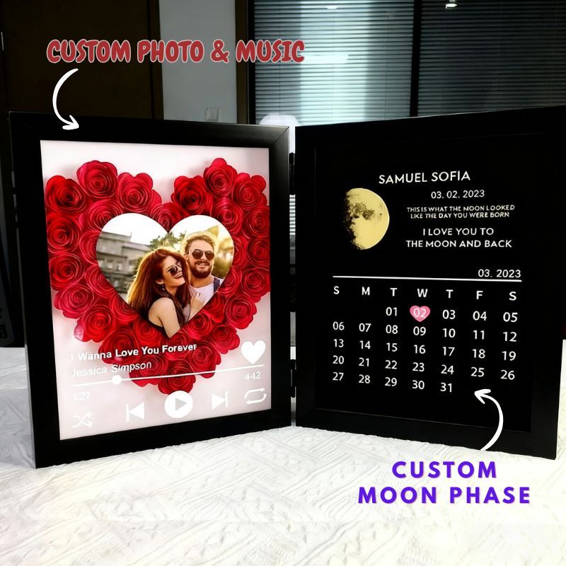 Personalised Photo Calendar Frame Custom Moon Phase Music Box Plays Music Anniversary Gift for Her
