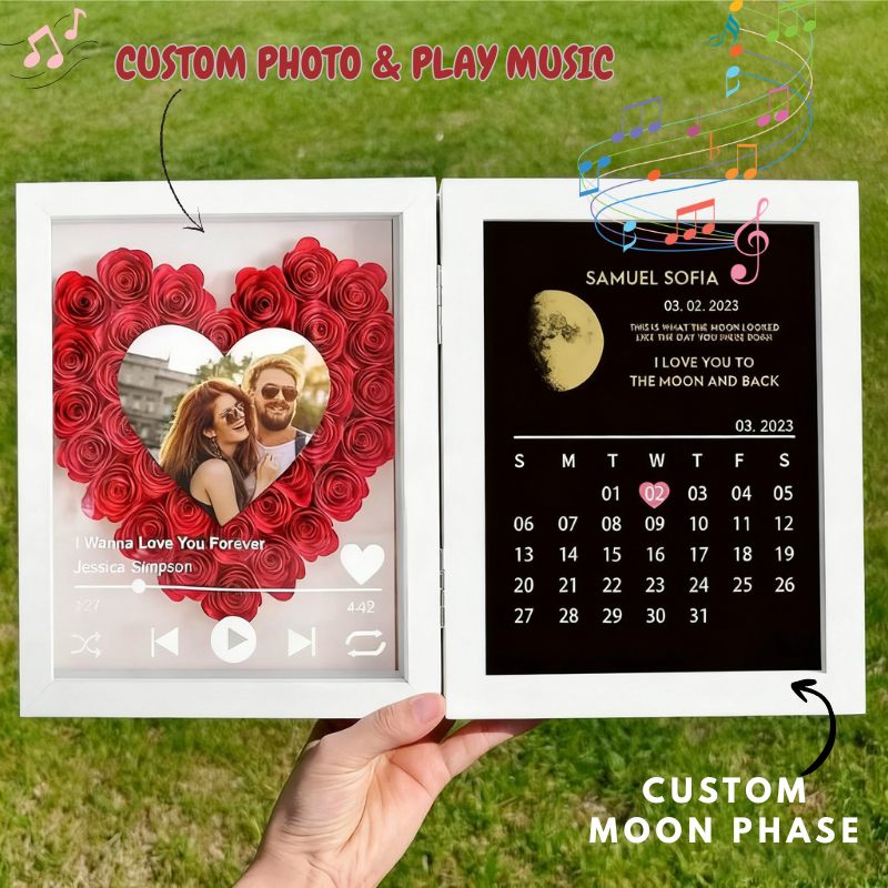 Personalised Photo Flower Shadow Box with Real Moon Phase Music Box Plays Music Anniversary Gift for Her