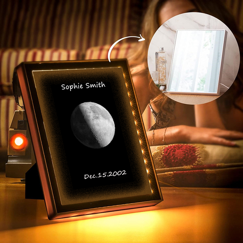 Personalised Moon Phase Mirror Custom Led Mirror Lamp Frame Moon of the Date of your Birthday with Text Engraved