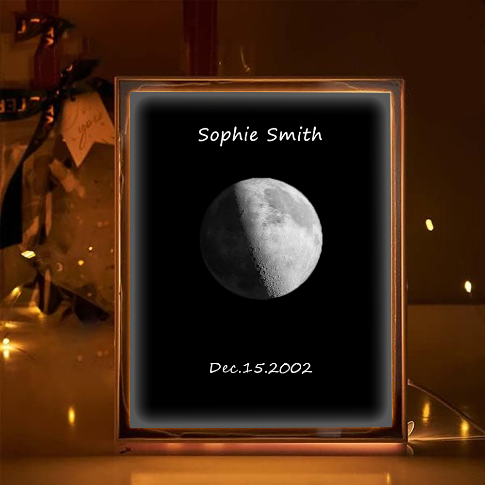 Personalised Moon Phase Mirror Custom Led Mirror Lamp Frame Moon of the Date of your Birthday with Text Engraved