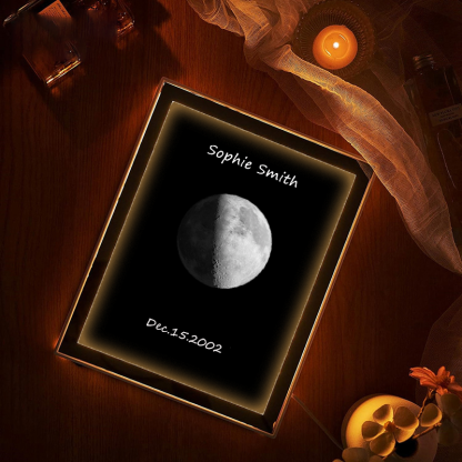 Personalised Moon Phase Mirror Custom Led Mirror Lamp Frame Moon of the Date of your Birthday with Text Engraved