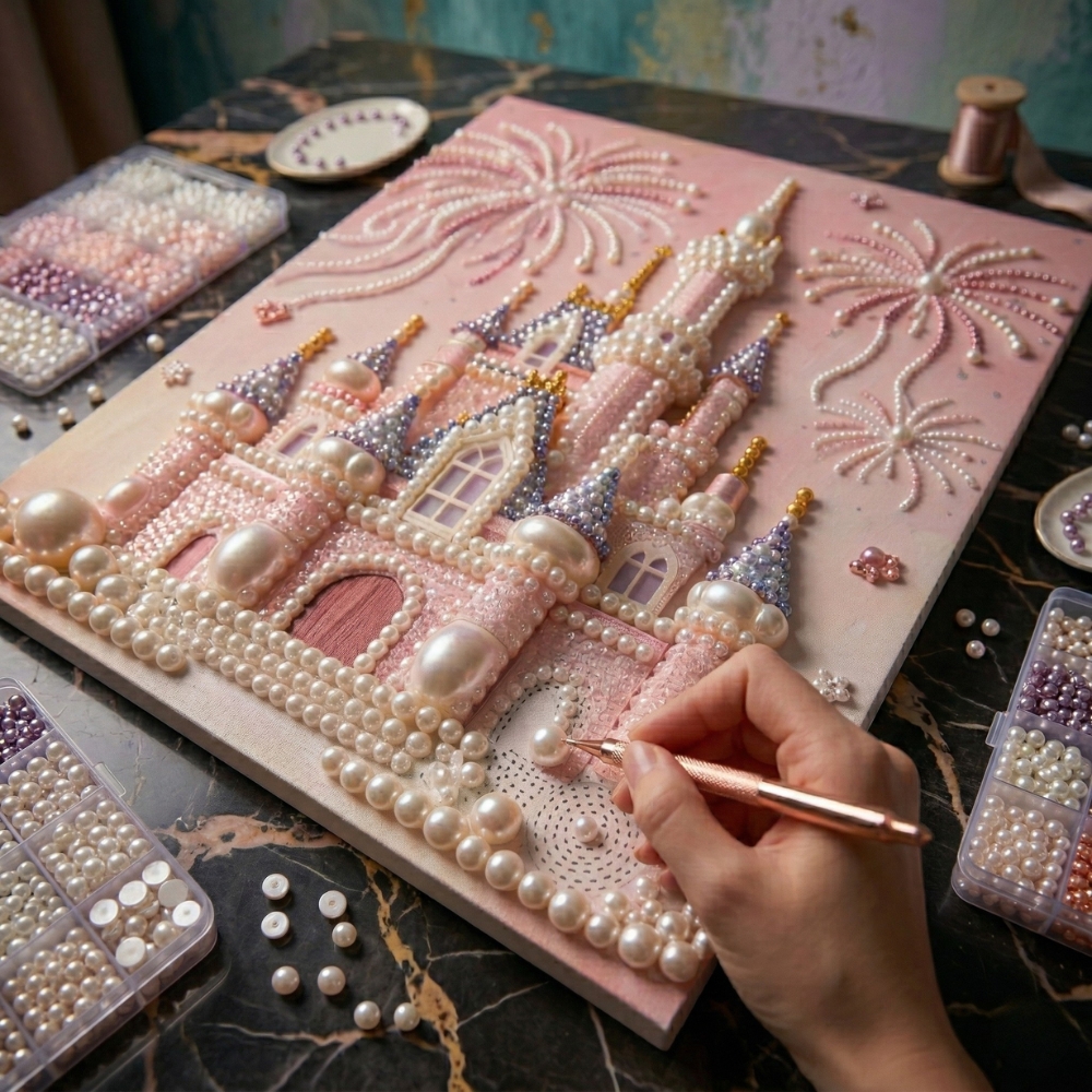 DIY Pink Castle Pearl Painting Kit - Handmade Crystal Diamond Art with Frame Beginner-Friendly Wall Decor Gift for Friends