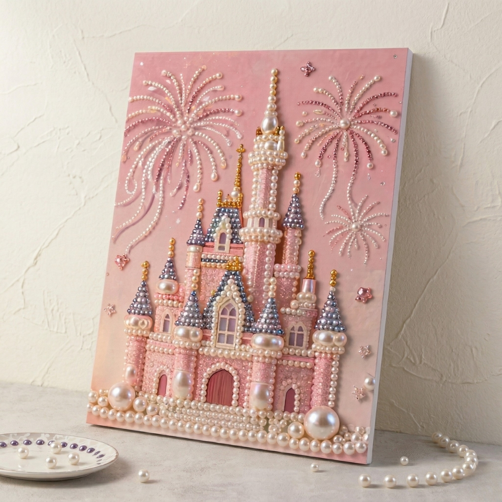 DIY Pink Castle Pearl Painting Kit - Handmade Crystal Diamond Art with Frame Beginner-Friendly Wall Decor Gift for Friends