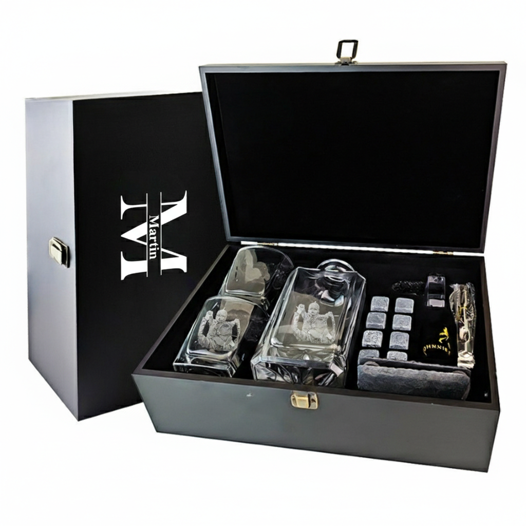 Custom Photo-Engraved Whisky Decanter Ice Wine Stone Set Personalised Laser Engraved Bourbon Bottle & Glasses Father's Gift for Dad