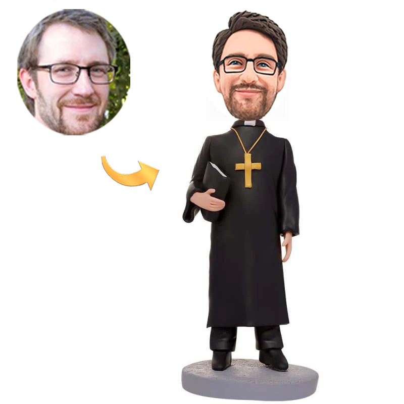 Custom Clergyman Bobblehead in Black Robe with Cross Personalised Engraving