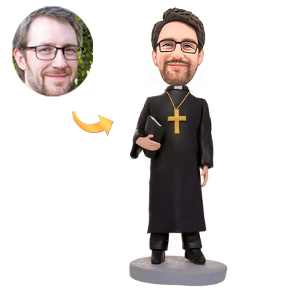 Custom Clergyman Bobblehead in Black Robe with Cross Personalised Engraving