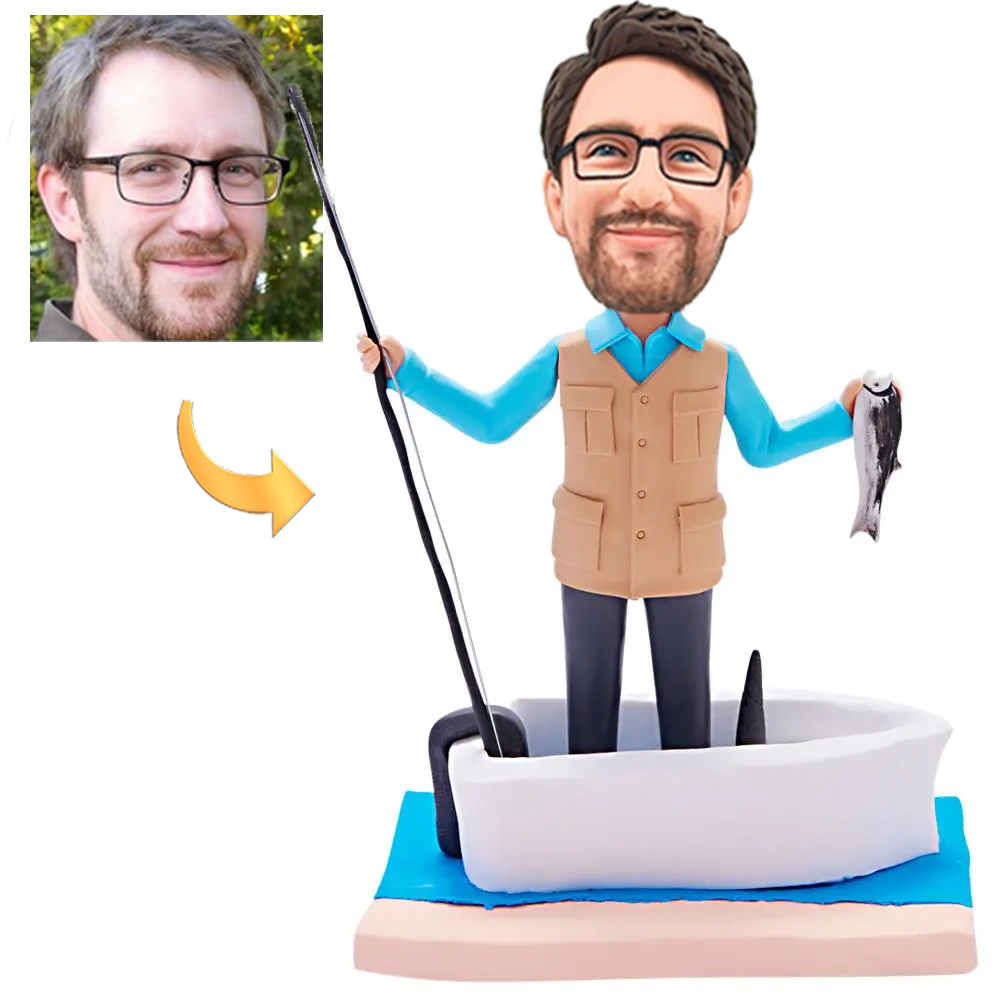Custom Bobblehead Fisherman on Boat Man With Engraved Text