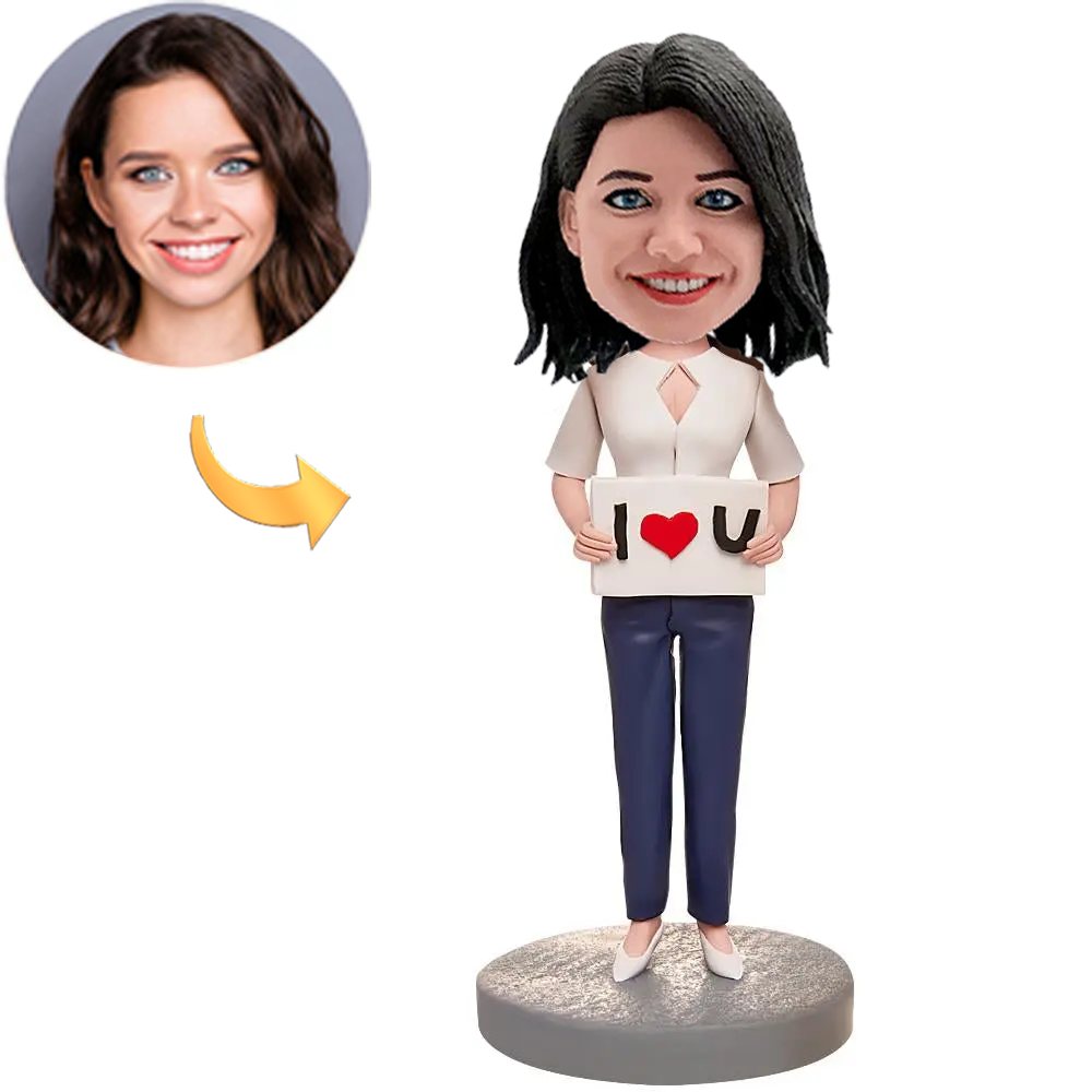 Custom Female Bobblehead Holding I Love You with Personalised Engraving