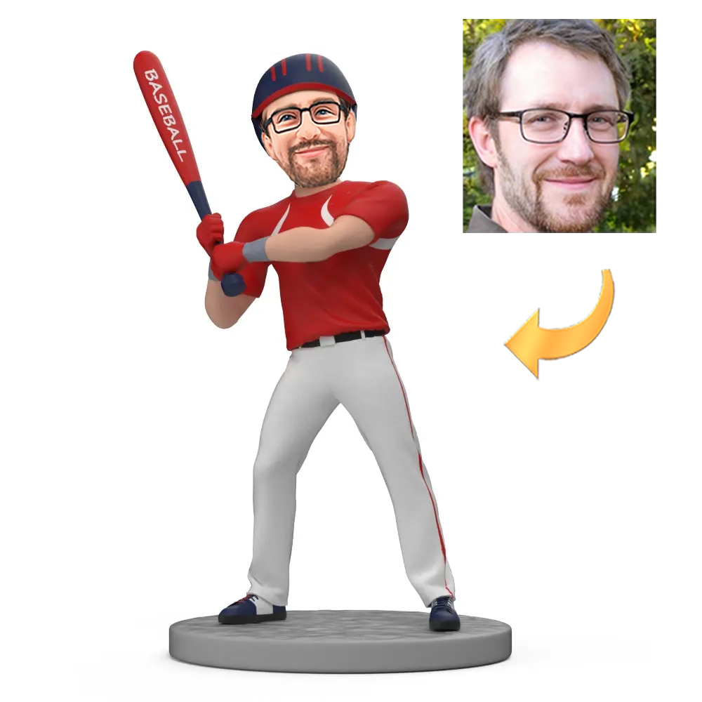 Custom Bobblehead of a Baseball Batter in a Red Jersey Holding a Bat