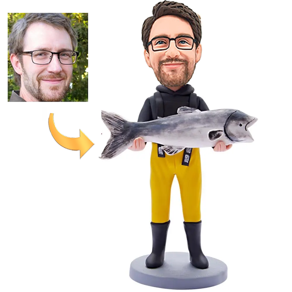 Personalised Bobblehead of a Man Holding a Fish with Custom Engraving