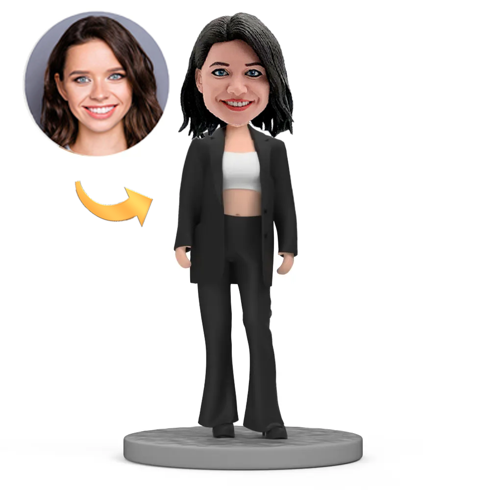 Modern Girl in Black Oversize Suit Custom Bobblehead With Text
