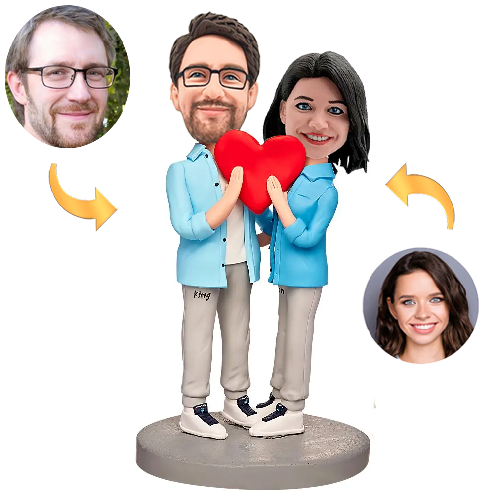 Couple Love Heart Couple Custom Bobbleheads with Engraved Text Valentine's Gift