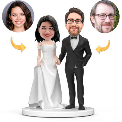 Couple Wedding Gift White Wedding Dress Black Suit Custom Bobblehead Engraved with Text