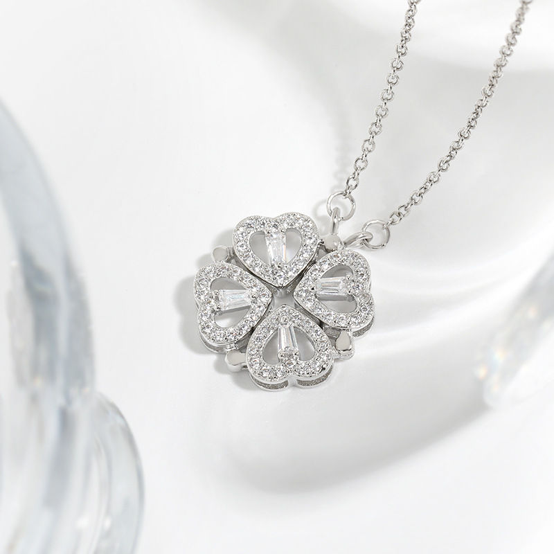 Preserved Eternal Rose Bear Giftbox with Sterling Silver Four Leaf Clover Heart Necklace Valentine's Day Jewelry Set