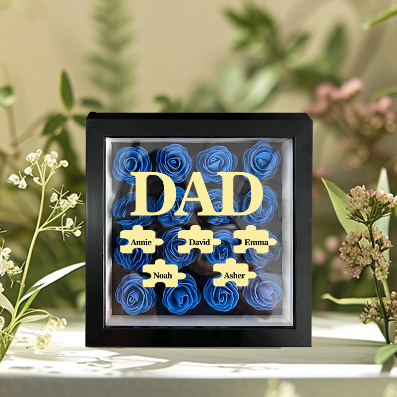 Personalised Flower Shadow Box Custom Puzzle Names Rose Frame Fathers Day Gift for Dad and Grandpa