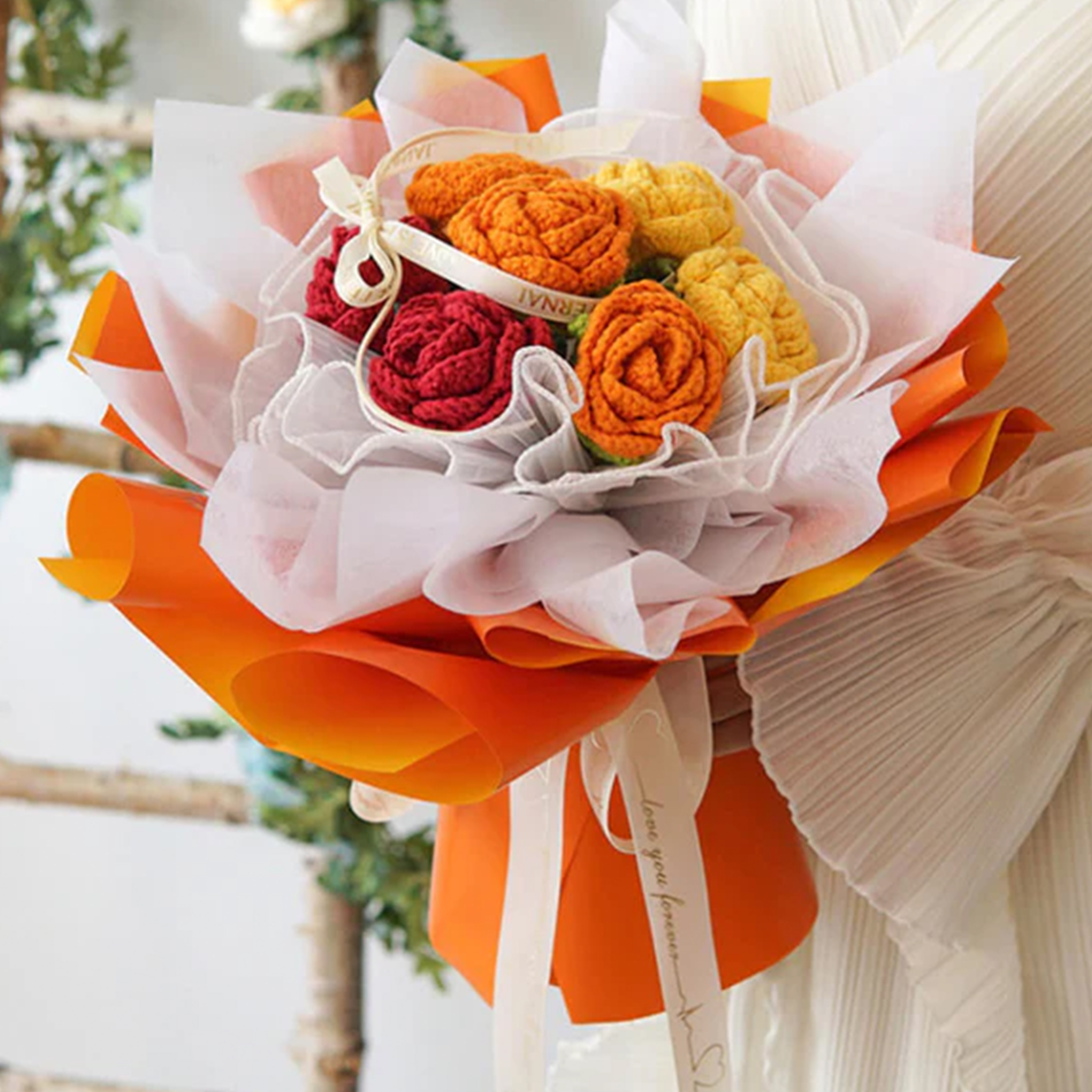 Hademade Weave Flowers Bouquet Rose 7 Flowers Set Anniversary Gift for Her