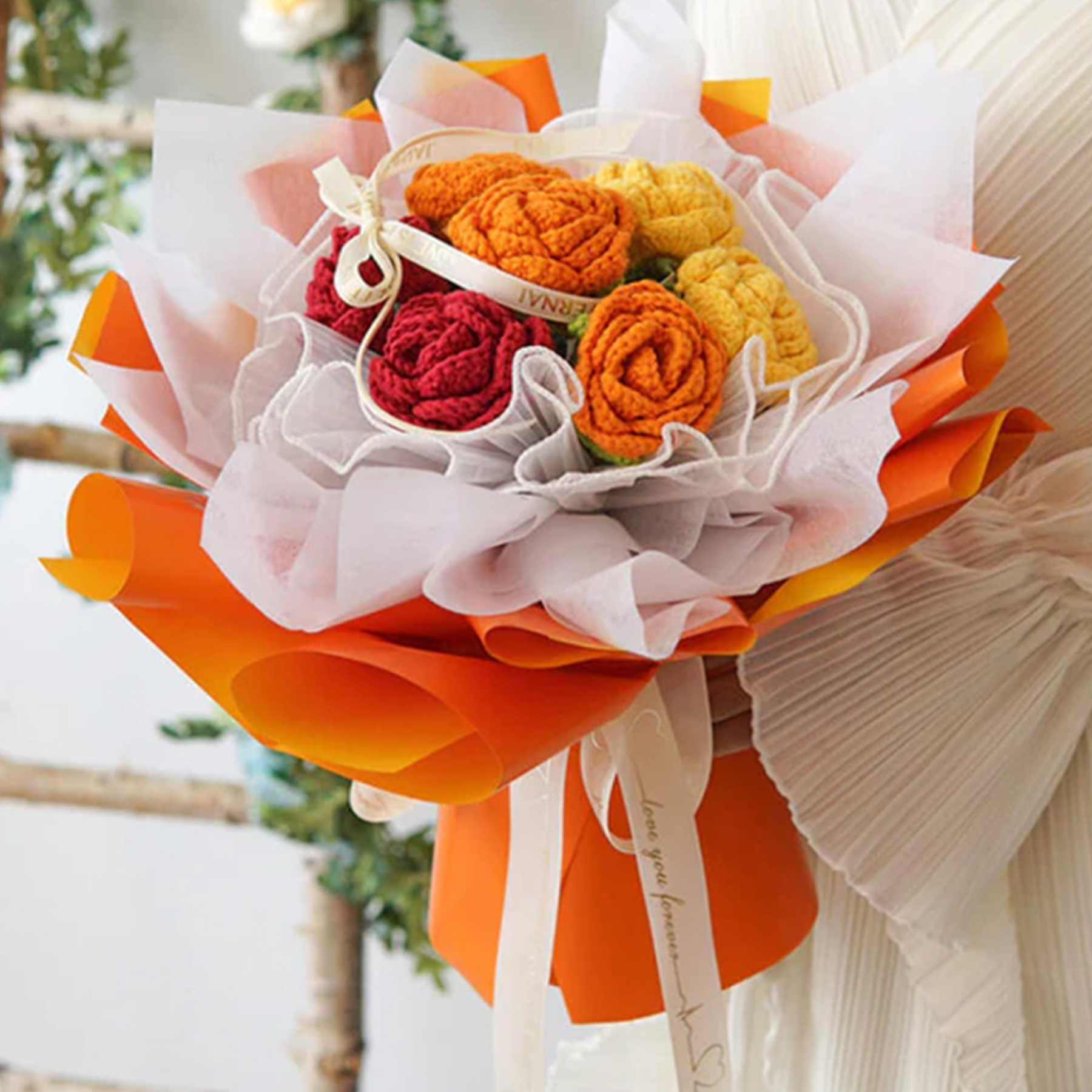 Hademade Weave Flowers Bouquet Rose 7 Flowers Set Anniversary Gift for