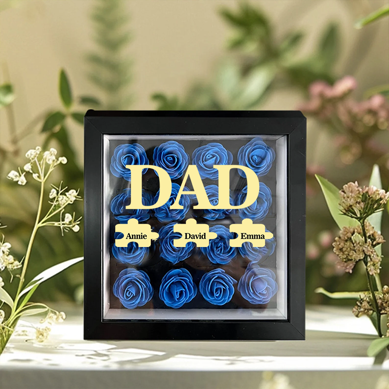 Personalised Flower Shadow Box Custom Puzzle Names Rose Frame Fathers Day Gift for Dad and Grandpa