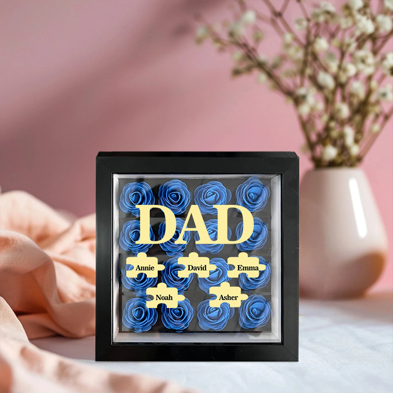 Personalised Flower Shadow Box Custom Puzzle Names Rose Frame Fathers Day Gift for Dad and Grandpa