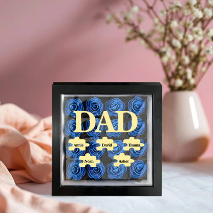 Personalised Flower Shadow Box Custom Puzzle Names Rose Frame Fathers Day Gift for Dad and Grandpa