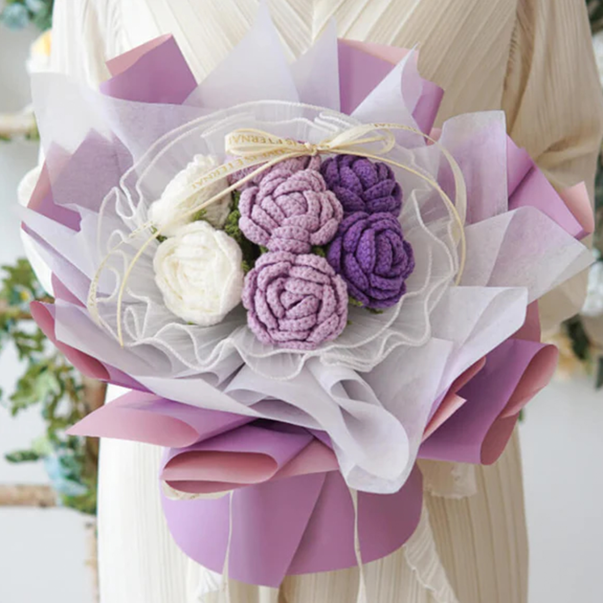 Hademade Weave Flowers Bouquet Rose 7 Flowers Set Anniversary Gift for Her