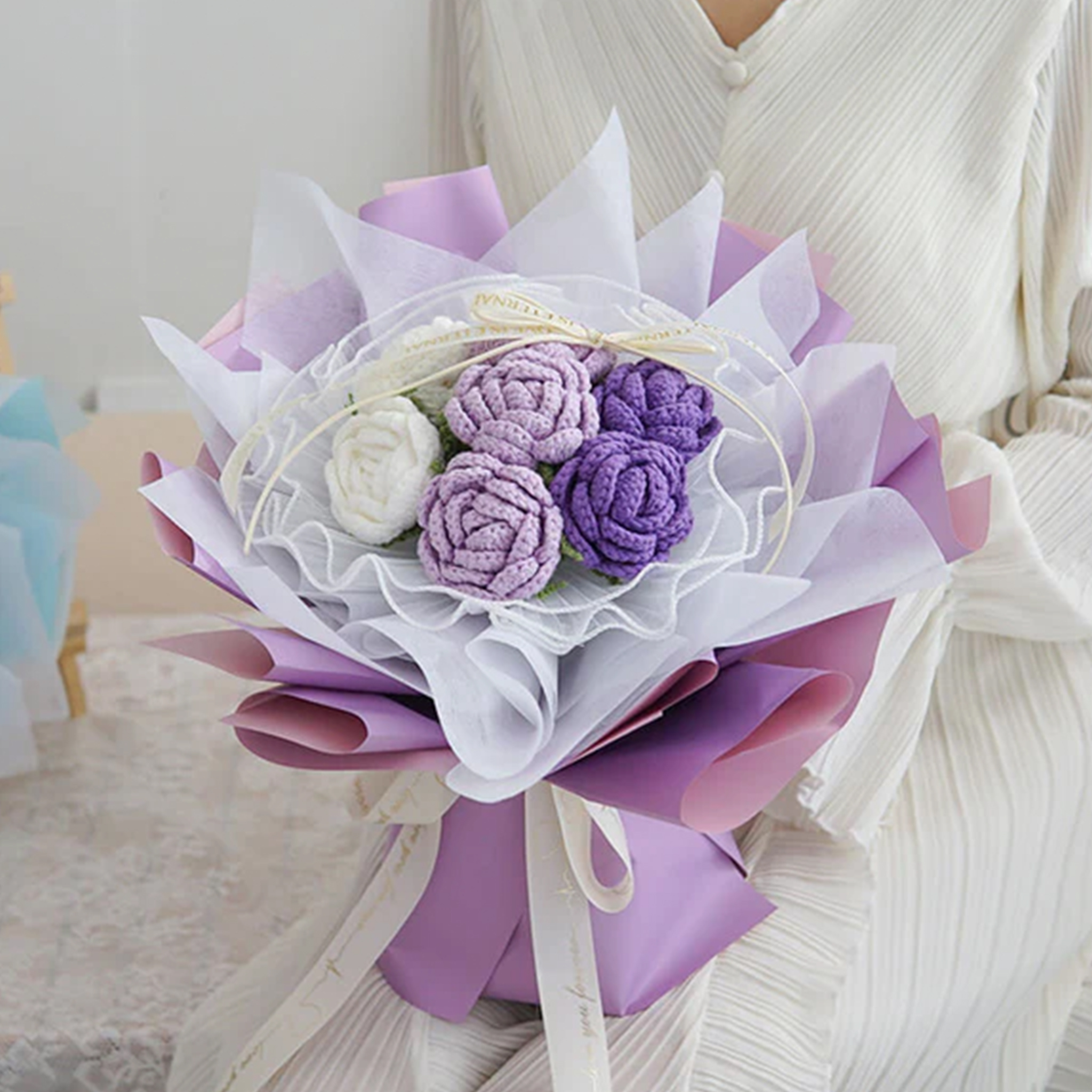 Hademade Weave Flowers Bouquet Rose 7 Flowers Set Anniversary Gift for Her