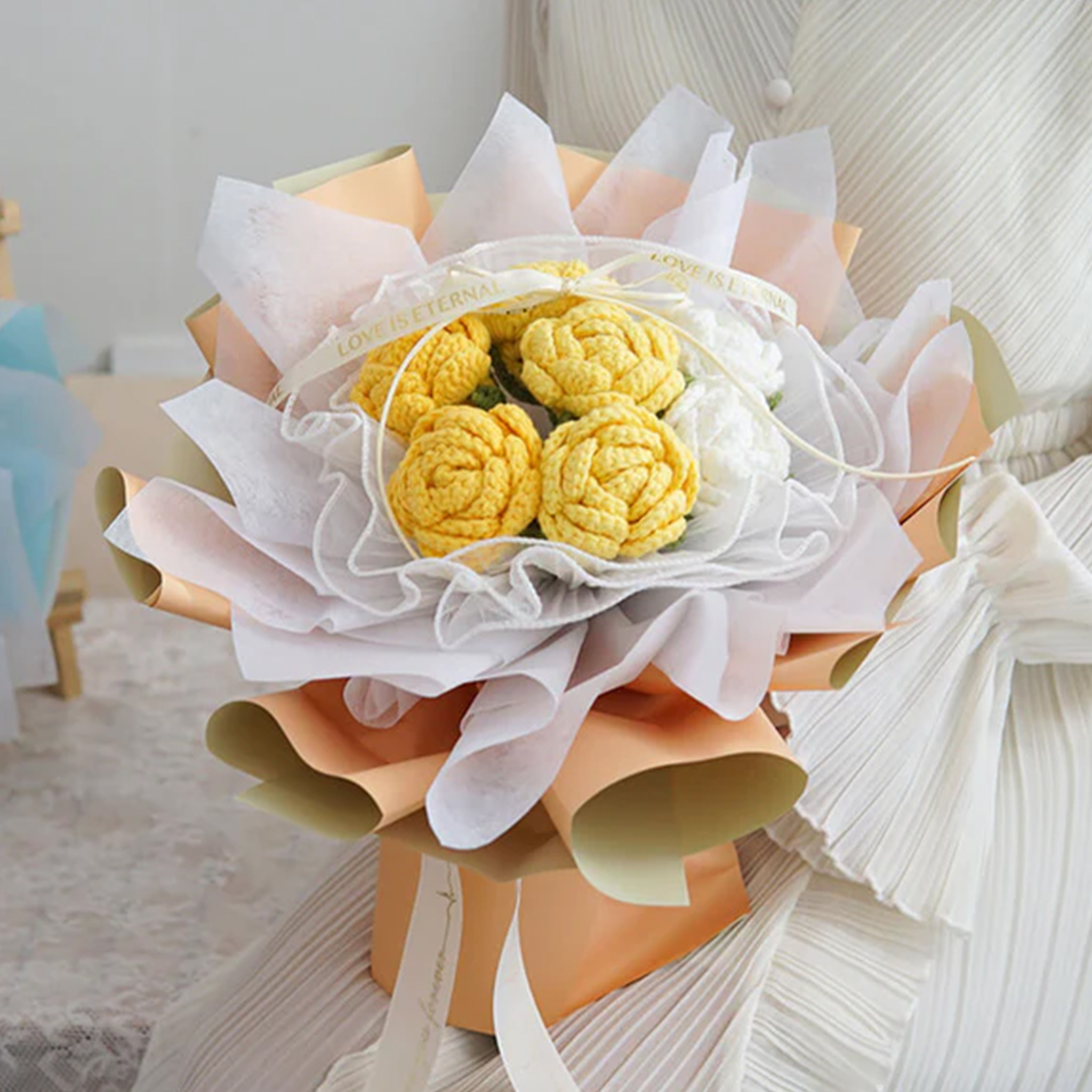 Hademade Weave Flowers Bouquet Rose 7 Flowers Set Anniversary Gift for Her