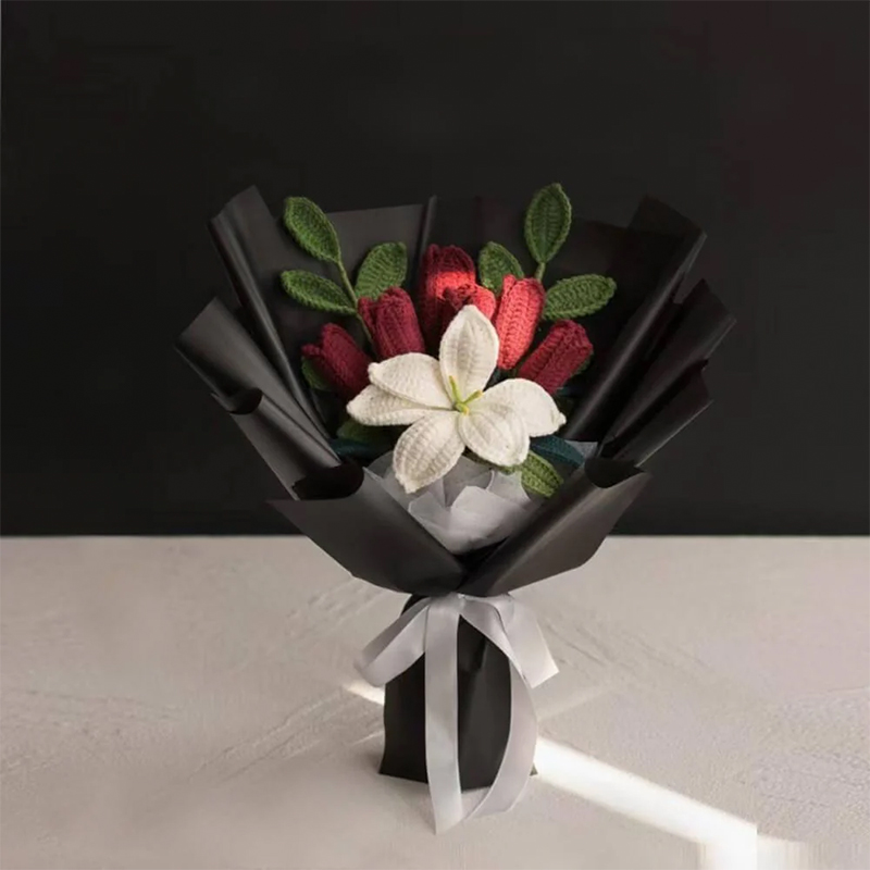 Handmade Weave Flowers Bouquet Lilies Tulip 7 Flowers Set Anniversary Gift for Her