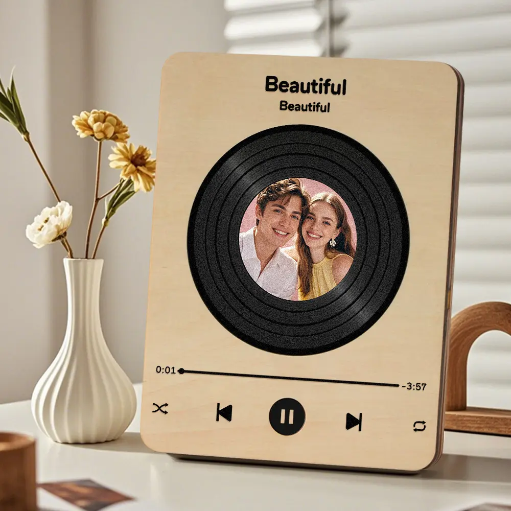 Personalised Photo and Song Wooden Frame Music Record Player Can Play Whole Song Wedding Anniversary Gift for Couples