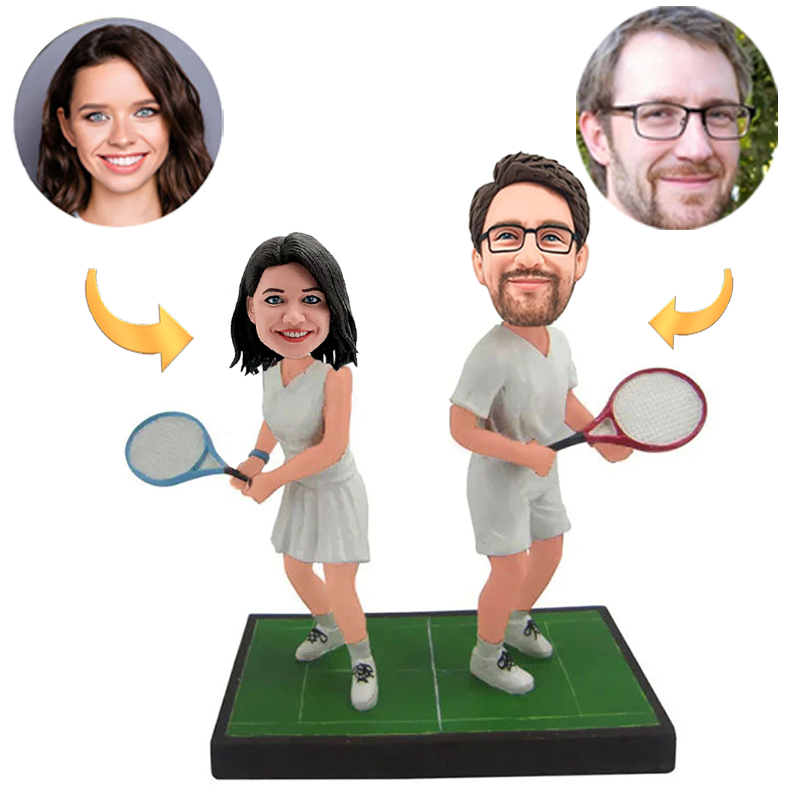Couple Playing Tennis Handmade Custom Bobblehead with Engraved Text