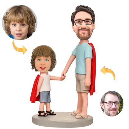 Handcraft Hero Dad and His Brave Son in Red Cape Custom Bobbleheads