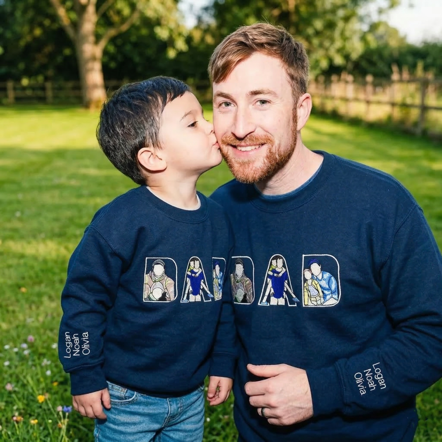 Custom Embroidered Portrait Photo Sweatshirt with Names on Sleeve Personalised Family Portrait Hoodie Gift for Dad Papa