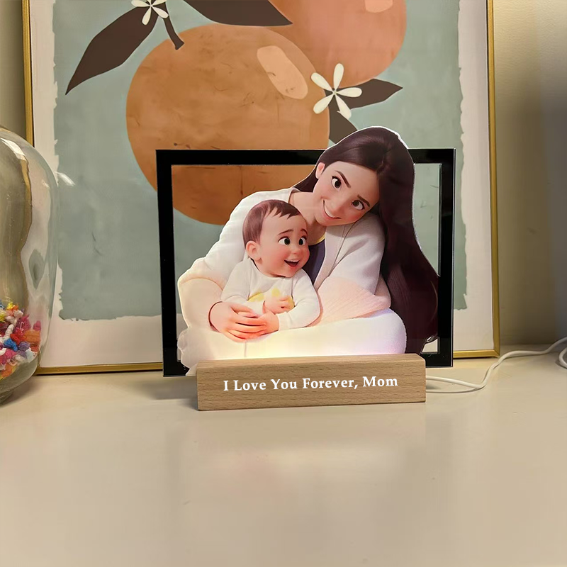 Personalised Heart Cartoon Portrait Style 3D Photo and Text Frame Night Light Mothers Day Gifts
