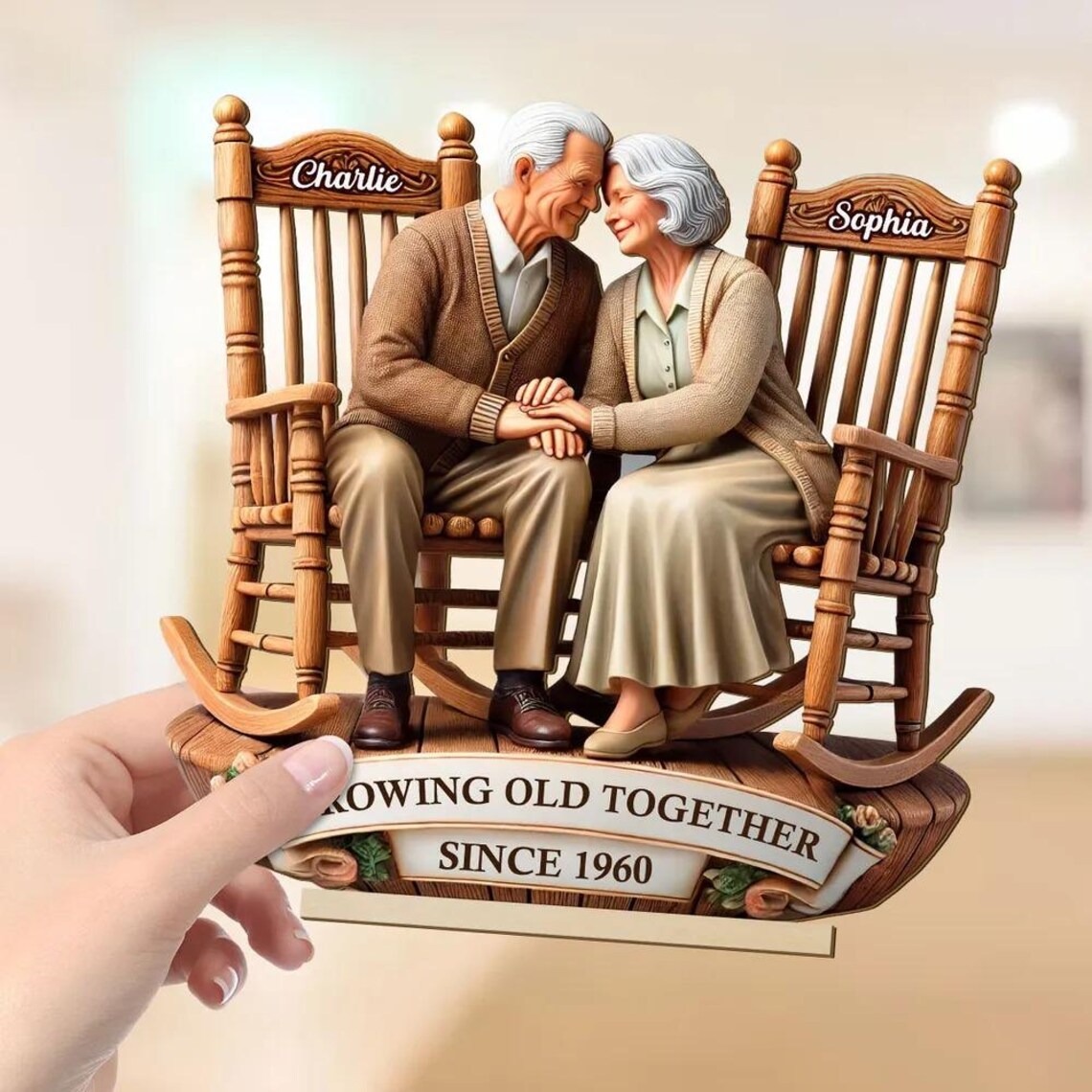 Personalised 3D Effect Old Couple Sitting on Rocking Chairs Together Standing Wooden Anniversary Plaque Gift for Wife