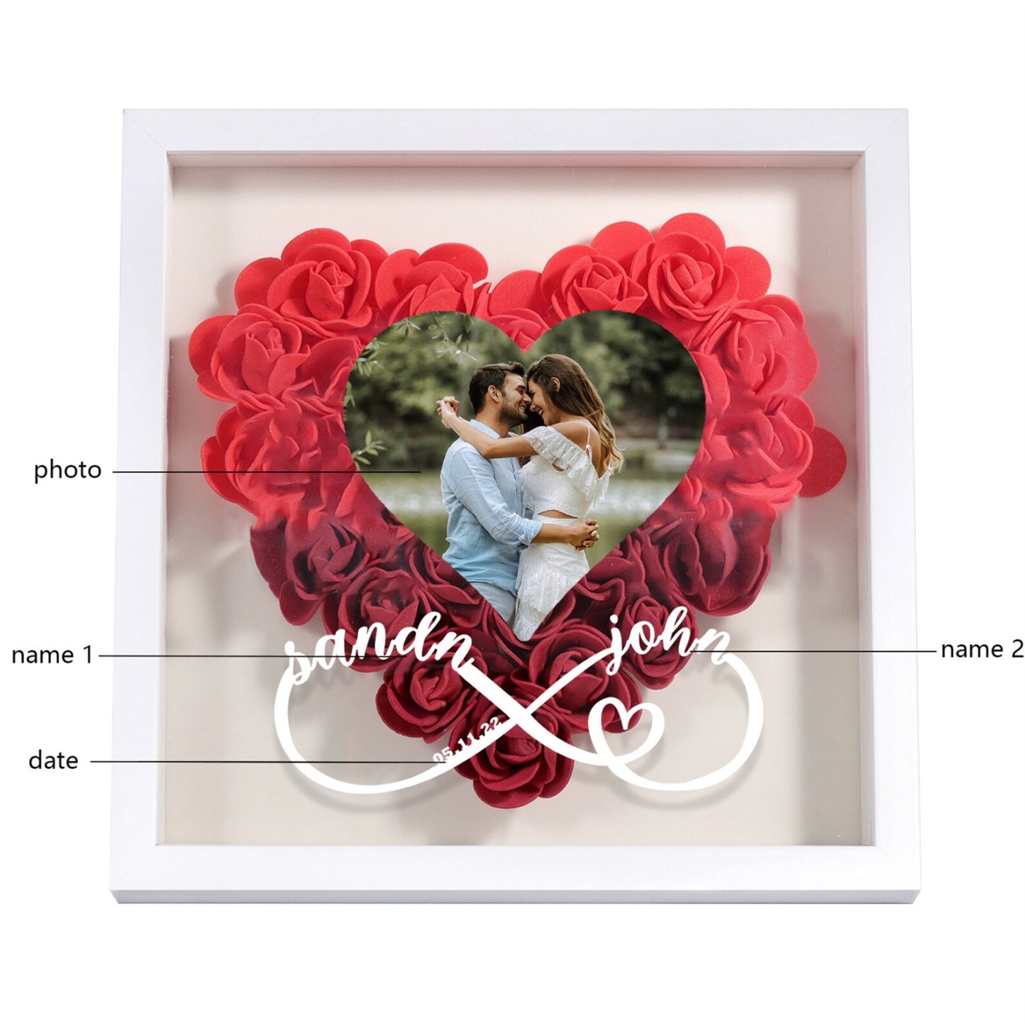 Custom Flower Shadowbox with Photo and Names Heart-Shaped Rose Frame Shadow Box Forever Love Gift