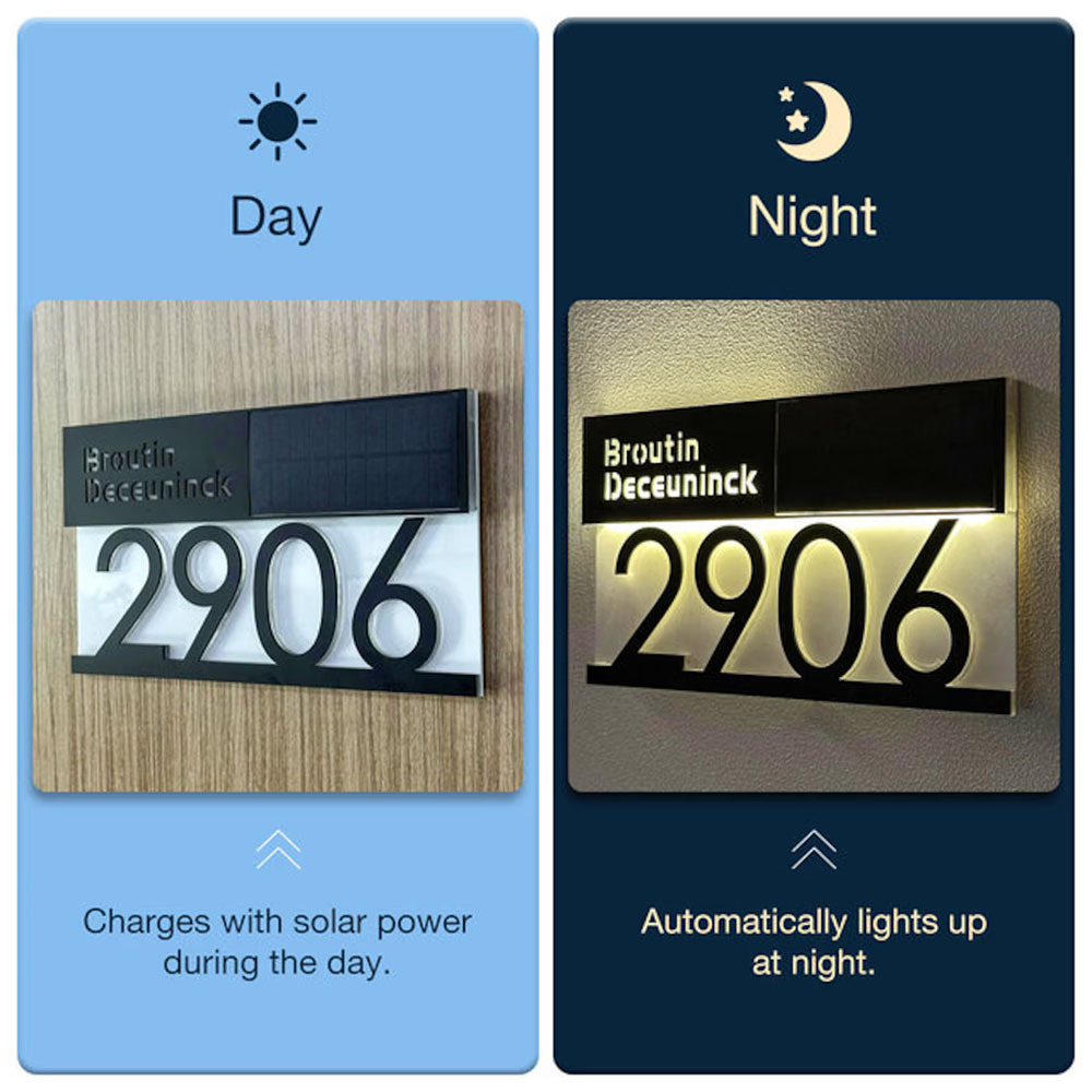 Solar Powered LED House Address Plaque Personalised Number Sign Waterproof Outdoor Door Sign