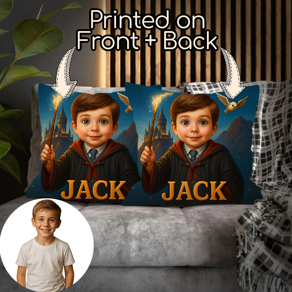 Custom Cartoon Portrait Pillow with Child Photo and Name Personalised Cushion for Nursery or Kids Bedroom Decor