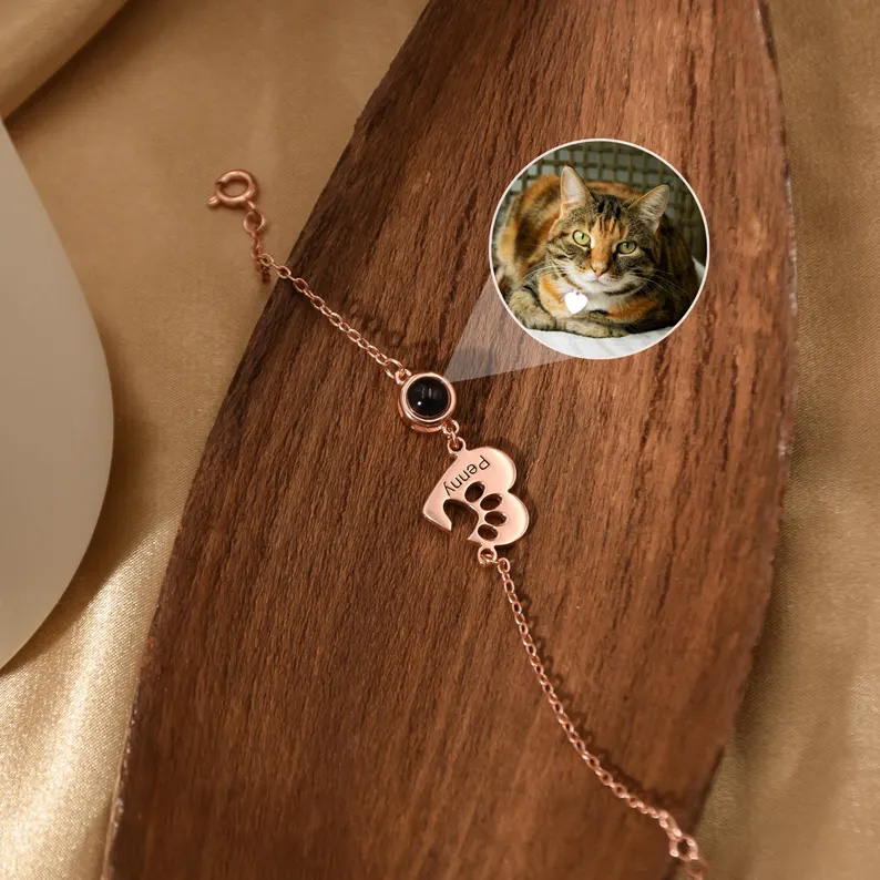 Personalised Paw Name Projection Necklace with Heart Custom Projection Photo Necklace Pet Memorial Gift