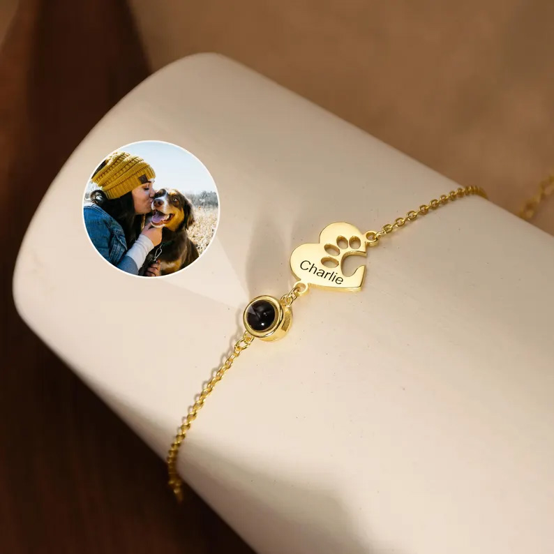 Personalised Paw Name Projection Necklace with Heart Custom Projection Photo Necklace Pet Memorial Gift