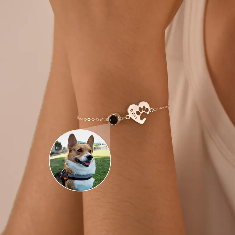 Personalised Paw Name Projection Necklace with Heart Custom Projection Photo Necklace Pet Memorial Gift