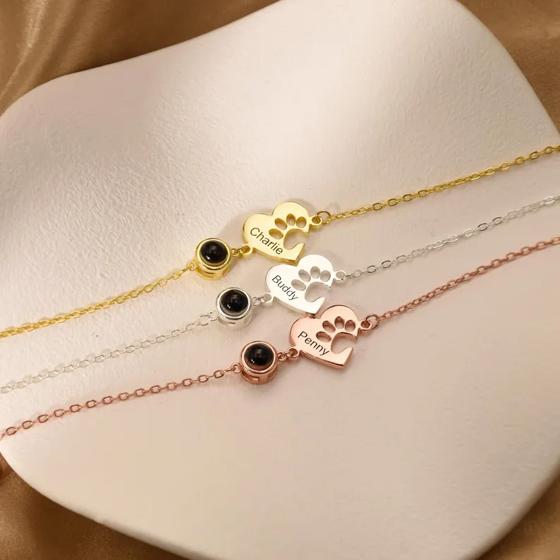Personalised Paw Name Projection Necklace with Heart Custom Projection Photo Necklace Pet Memorial Gift