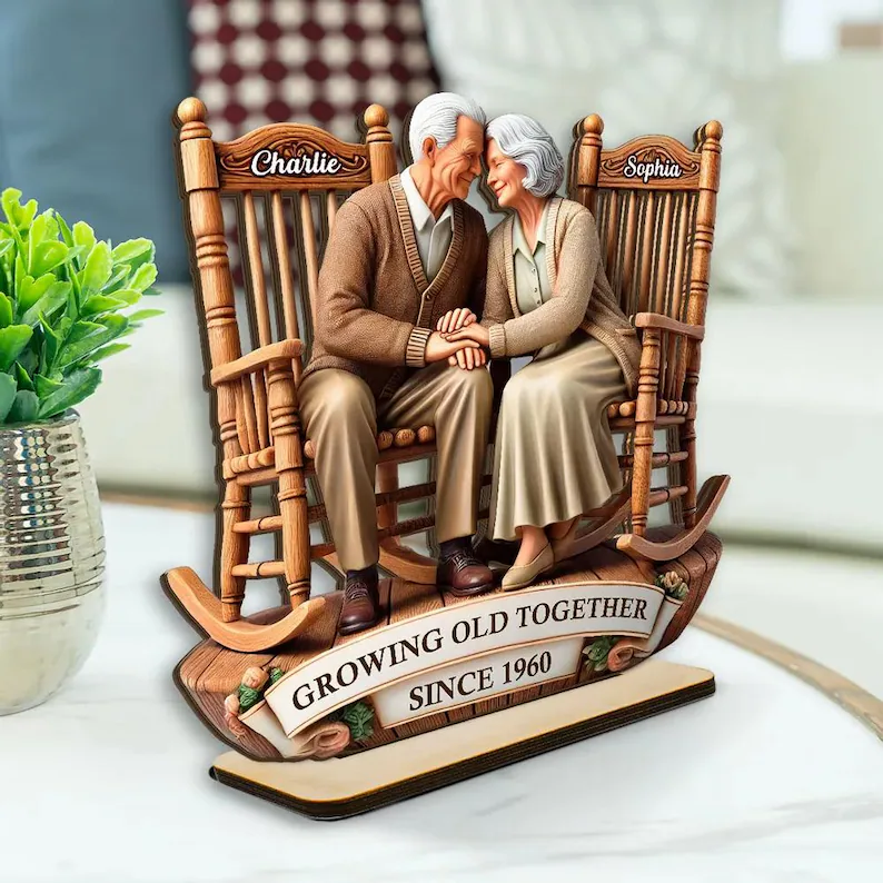 Personalised 3D Effect Old Couple Sitting on Rocking Chairs Together Standing Wooden Anniversary Plaque Gift for Wife