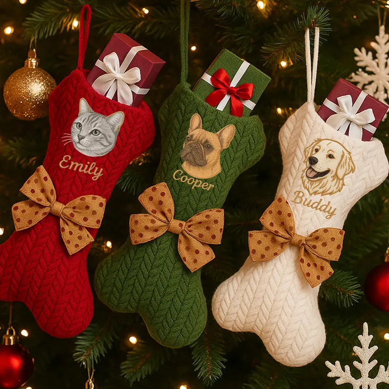 Personalised Pet Portrait Christmas Stocking Custom Dog Bone Knit Stocking with Embroidered Pet Face & Name Holiday Gift for Dogs Cats