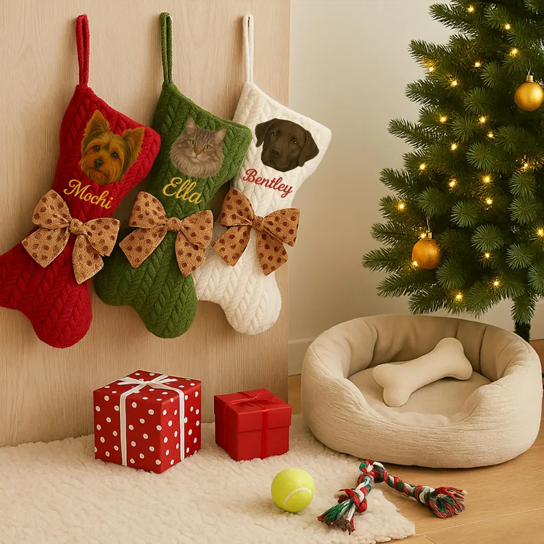 Personalised Pet Portrait Christmas Stocking Custom Dog Bone Knit Stocking with Embroidered Pet Face & Name Holiday Gift for Dogs Cats