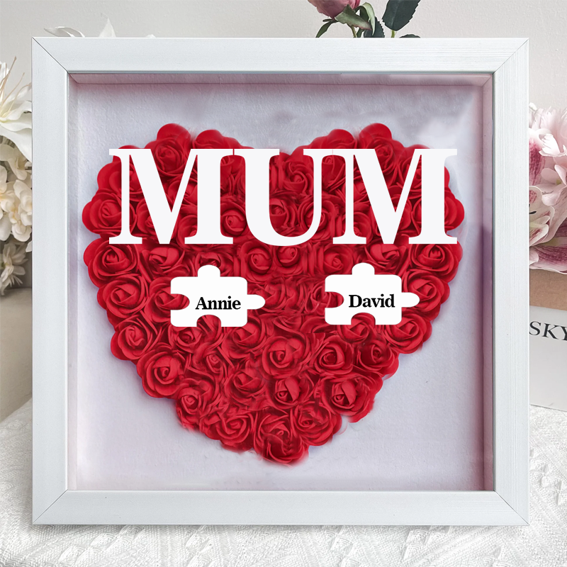 Personalised Flower Shadow Box Custom Puzzle Names Rose Frame Mother’s Day Gift for Mom, Grandma, Nana