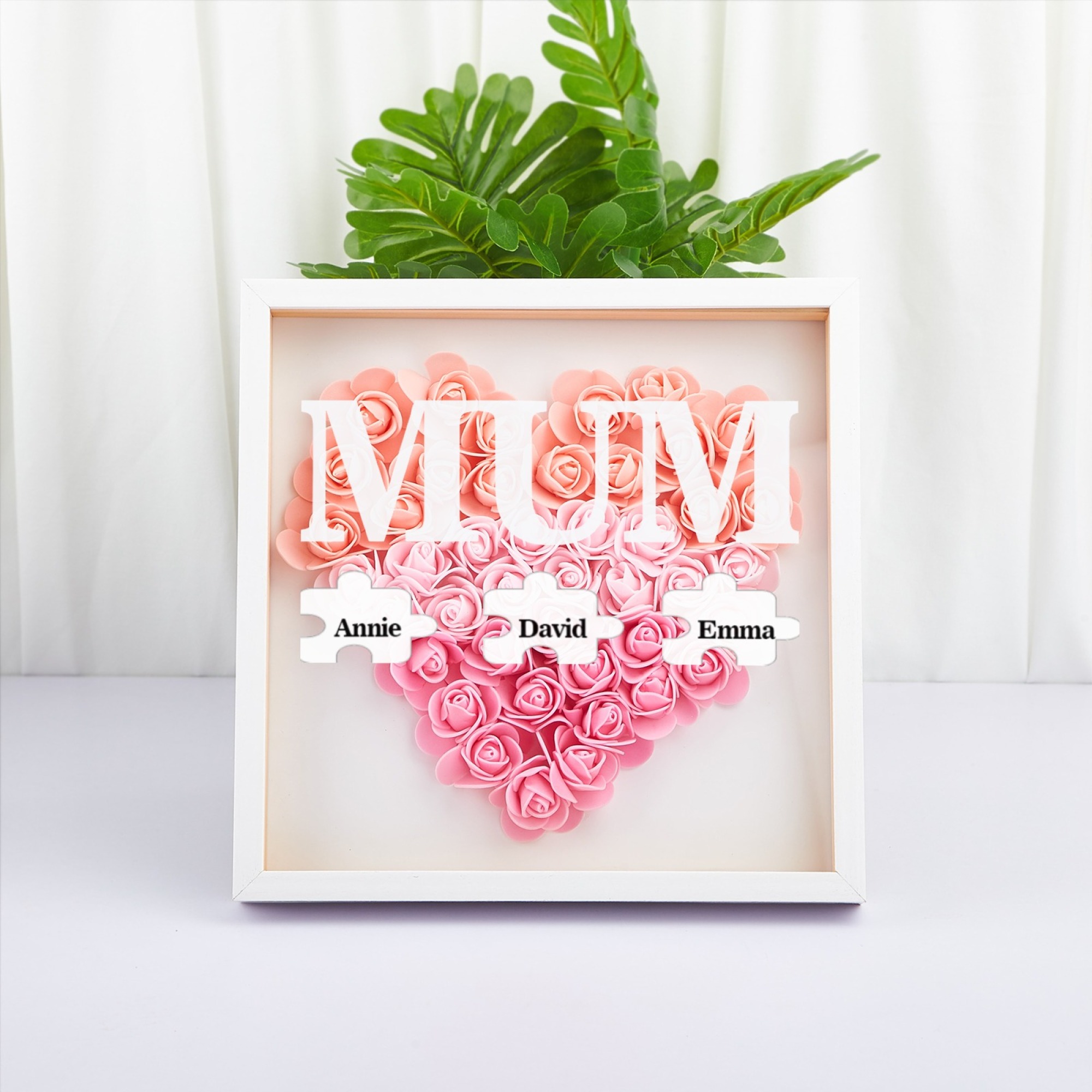 Personalised Flower Shadow Box Custom Puzzle Names Rose Frame Mother’s Day Gift for Mom, Grandma, Nana