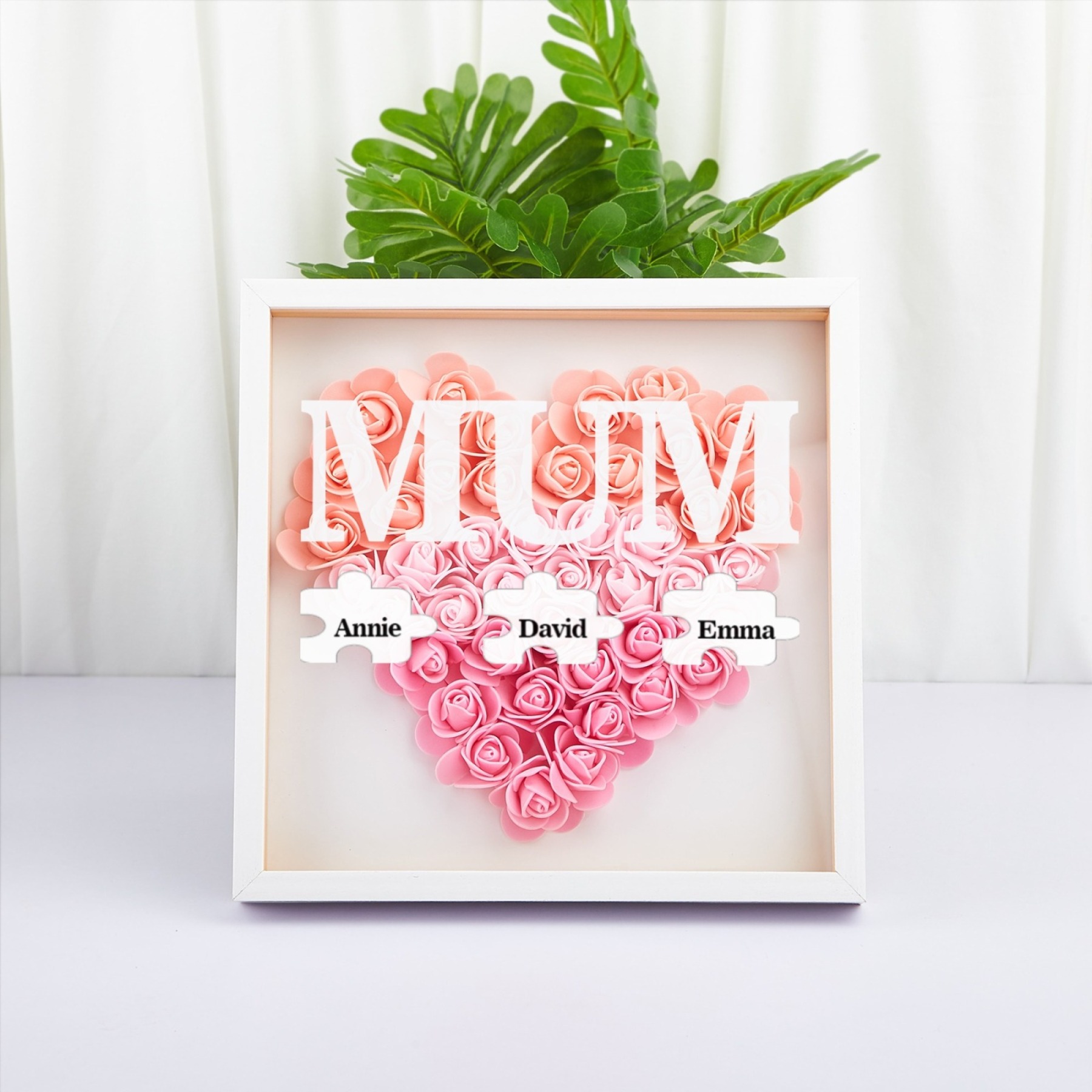 Personalised Flower Shadow Box Custom Puzzle Names Rose Frame Mother’s Day Gift for Mom, Grandma, Nana